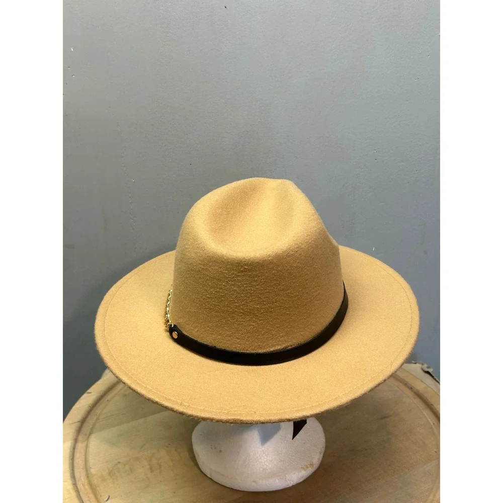 Kendall + Kylie Tan Felt Fedora Hat Wide Brim Chain Detail Women's One Size‎ NEW